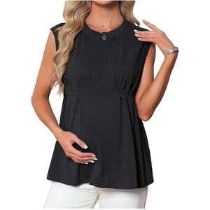 Inspire Chic Women's Maternity Tank Top Pleated Sleeveless Blouse Black XL Black